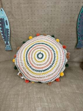 Elite Home Décor 18-Inch Round Crochet Mandala Pillow with Multicolor Poms. Boho